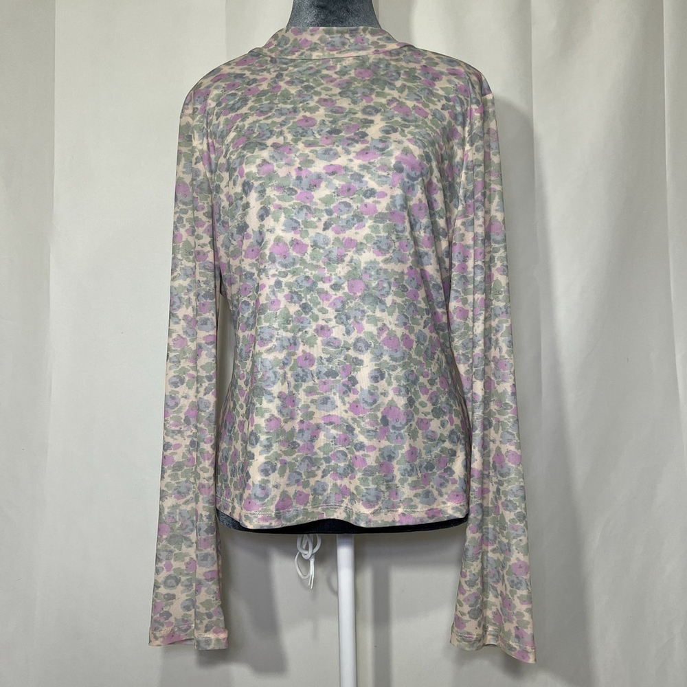 Anthropologie Womens XL Mesh Sheer Mock Neck Long Sleeve Top Floral Casual Sheer